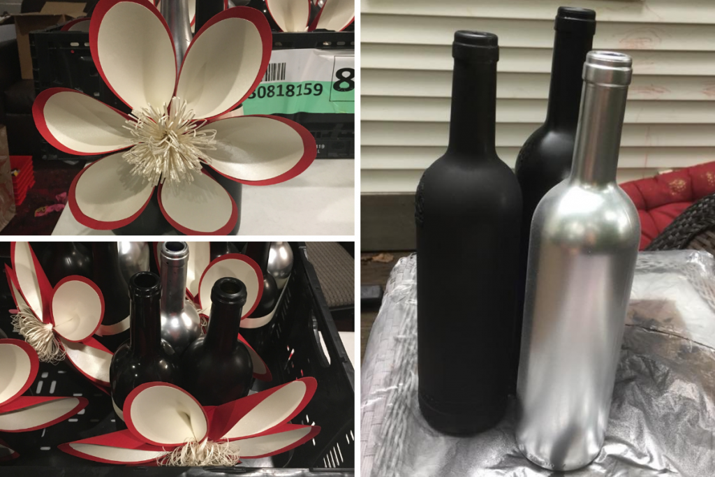 Wine Bottle Centerpiece Tips - black and silver bottle with paper flowers