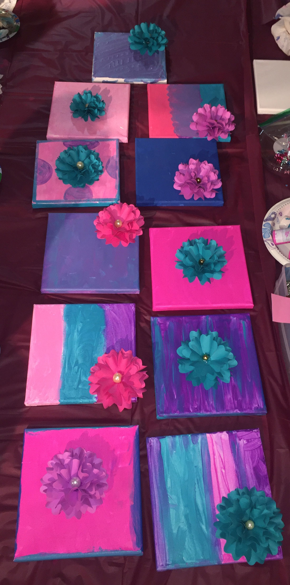 Fun Acrylic Painting Birthday Activity - painted canvas and paper flower final creations